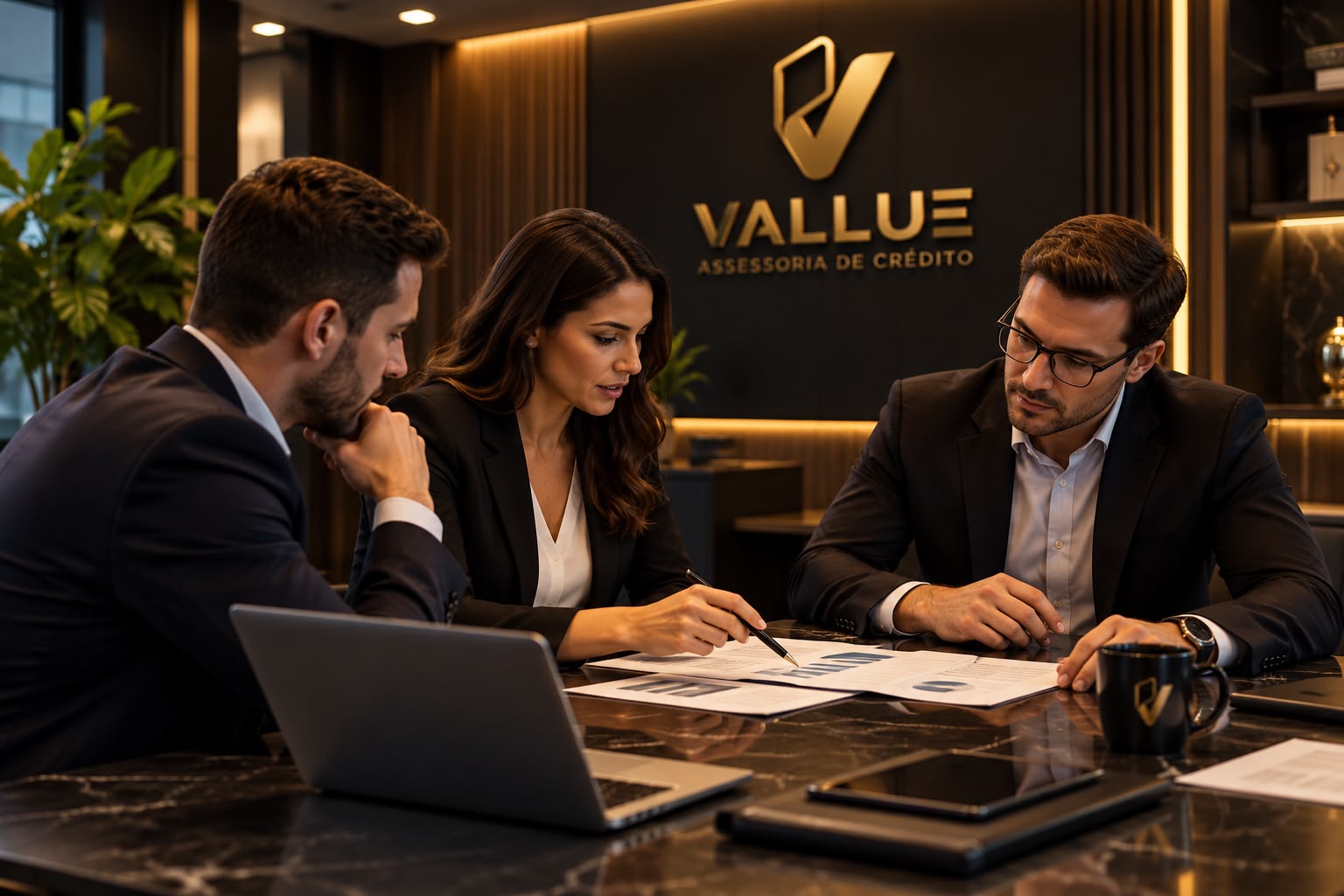 Três executivos da Vallue analisando relatórios financeiros em escritório com a logo da Vallue na parede